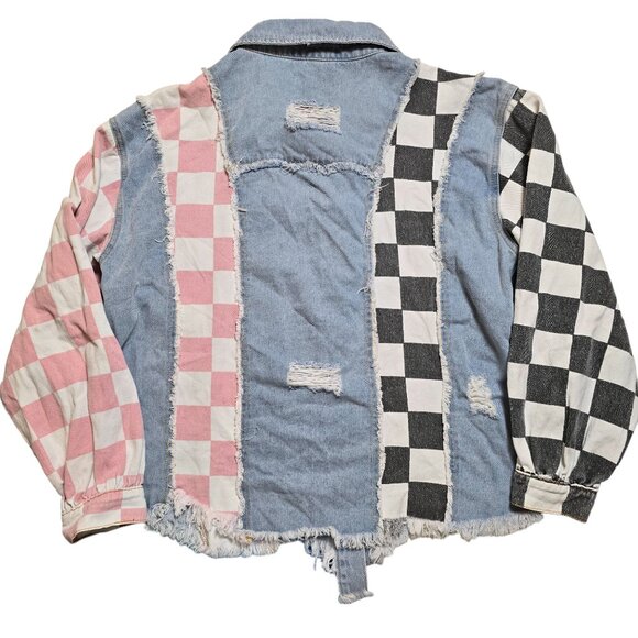 Pol Denim Distressed Checker Patch Jacket Size M Good Used Condition - Picture 3 of 8